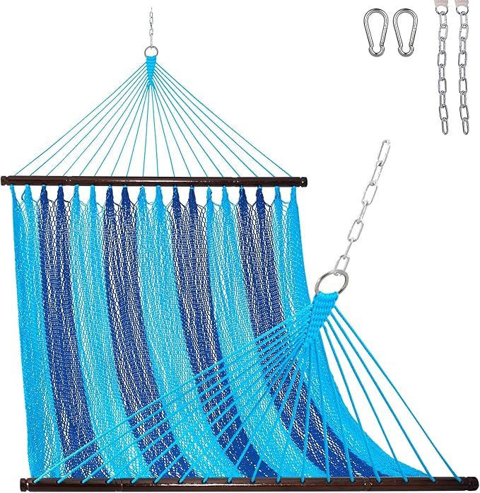 Lazy Daze Hammocks 10.5 FT Double 2 Person Caribbean Rope Hammock Hand Woven Polyester Hammock with Spreader Bars for Outside Outdoor Backyard Patio Poolside 450 LBS Capacity Blue/SkyBlue