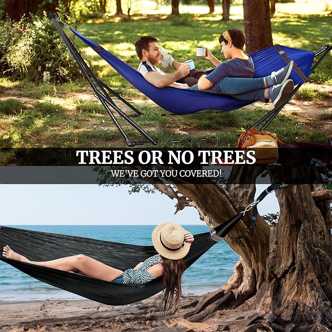 Tranquillo Combo x2 Hammocks with Stand for Outside &amp Tree Straps Heavy Duty Hammock with Stand 600lbs for Indoor Outdoor Patio Backyard x2 Hammocks for 2 Person (Combo - Blue Medium)