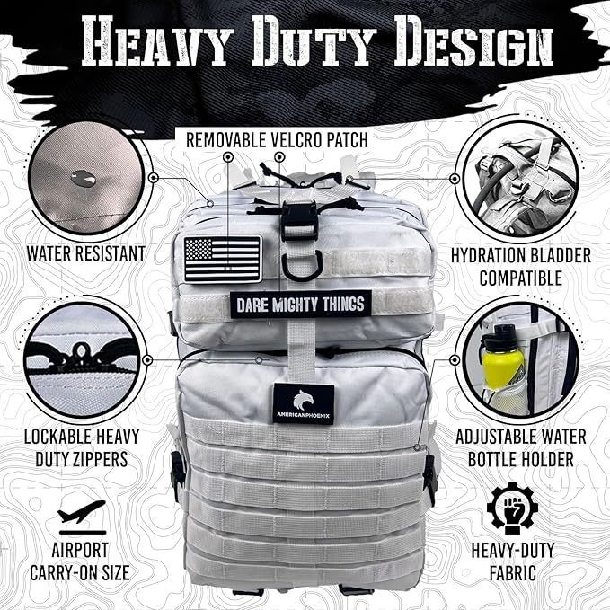 AMERICANPHOENIX 45L Elite Tactical Backpack | 3X Stronger Work &amp Military Backpack | Water Resistant and Heavy Duty | 3 Day MOLLE Bug Out Bag (Polar White)