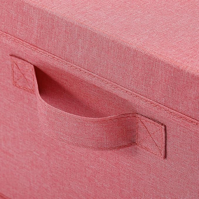HOONEX Linen Foldable Storage Bins with Lids 2 Pack Storage Boxes with Carrying Handles and Sturdy Heavy Cardboard 16.5 L x 11.8 W x 7.5 H for Shoes Books Clothes Nursery Pink