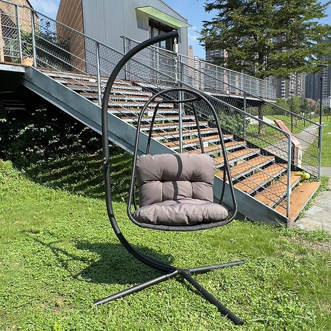 Swing Egg Chair with Stand for Indoor and Outdoor Use Wicker Rattan Patio Basket Hanging Chair with C-Type Bracket Includes Cushion and Pillow Foldable Design with Cup Holder