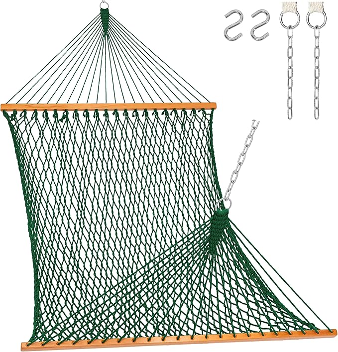 Lazy Daze Hammocks 12FT Double Rope Hammocks 2 Person Hand Woven Cotton Hammock with Spreader Bar for Outside Patio Poolside FIT 13-15 FT Stand Max 450 Lbs Green 141 x 57 inches