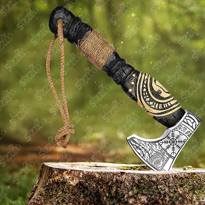 Custom Gift Black Forged Carbon Steel Viking Style Axe Bearded Axe with Rose Wood Shaft Tomahawk - Real Hatchet Best Gift for Anniversary Birthday Premium Leather Sheath