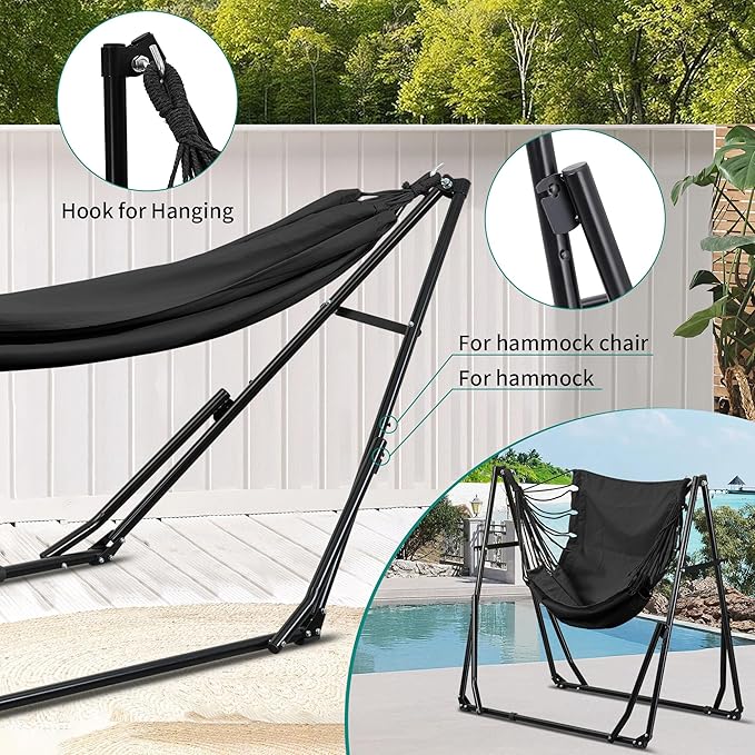 Ainfox Hammock with Foldable Stand 2 in 1 Hammock and Swinging Chair with Carrying Bag Portable Camping Chair Suitable for Outside SwingPatioGardenCamping Trip Black