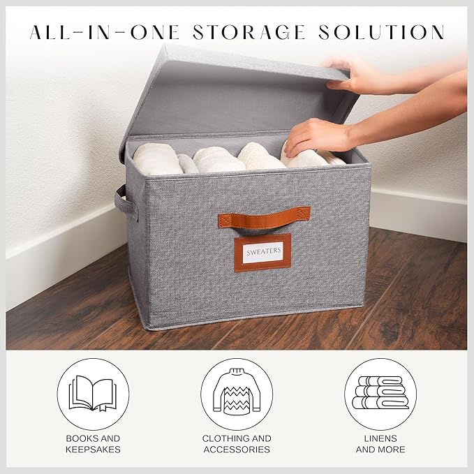 3 Pack Large Fabric Storage Boxes with Lids (15.75 x 11.25 x 11.25) - Decorative Bin with Lid Label Holder Faux Leather Handles - Large Storage Boxes for Organizing Clothes Blankets - Grey