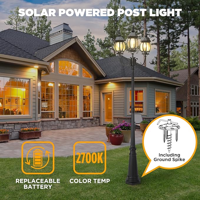 LUTEC Outdoor Solar Post Light with Triple-Head Dusk to Dawn Lamp Post for Lawn Pathway Garden Black Aluminium Vintage Street Light with Clear Glass Panels (Bulbs Included)
