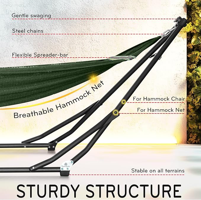 Tranquillo UniGen Hammock/Hammock with Stand for Outside Double Hammock for 2 Persons Foldable Portable Hammock Stand 600 lbs Capacity/Portable Hammock with Stand Foldable Moss Green