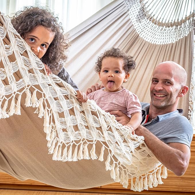 LA SIESTA® Bossanova Organic Cotton Hammock &amp Steel Stand - Indoor Outdoor Hammock with Stand - Handmade in Brazil Boho Hammock - 2 Person Double Hammock Bed for Patio Bedroom - XL King Muscade