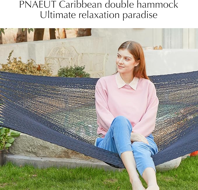 PNAEUT Double Rope Hammocks for Outside Handwoven Double Caribbean Hammock with Spreader Bar for Outdoor Indoor Max 600 lbs Capacity (Abyss)
