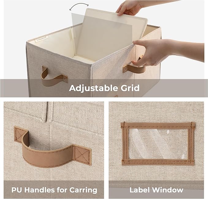 StorageWorks Large Clothes Storage Bins Fabric Boxes with Divider Board Baskets for Clothes Linen Closet Organizers with Lid Mixing of Brown &amp Beige 2-Pack