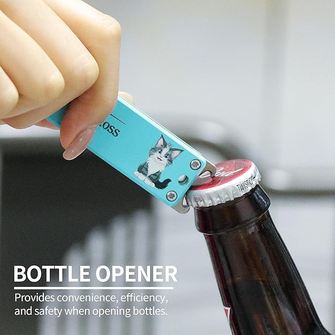 ALBATROSS Blue Damascus Cute Cat Pattern Pocket Knife - Stocking Stuffer for Men 3.5 Titanium Alloy Box Cutter - EDC Keychain Gadgets with Bottle Opener Mothers Day Fathers Day Gift for Cat Lovers