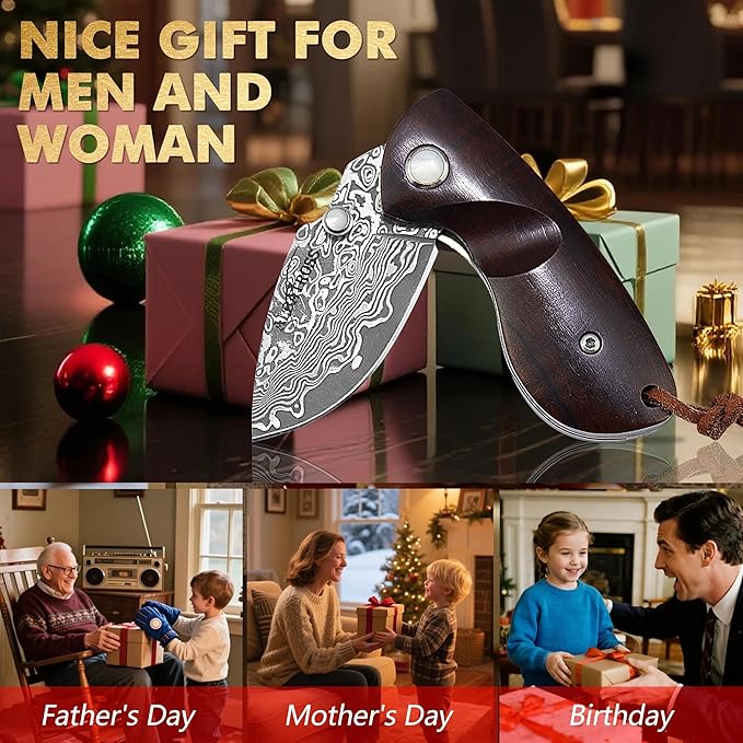 Father's Day Mother's Day &amp Birthday Gift for Him Her: ALBATROSS Mini Pocket Knife - 4.75 Modern Damascus Steel Folding Knife with Red Sandalwood Handle - 71 Layer Hand Forged Blade - Liner Loc