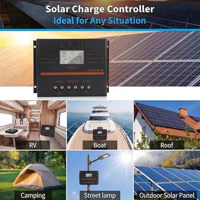 Solar Controller 80A 12V / 24V Battery Charge Regulator Auto 960W / 1920W with LCD Display Mobile Power Supply Charger 5V USB Enhanced Heat Sink (80A)