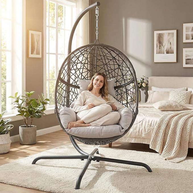 BULEXYARD Oversized Hanging Egg Chair with Stand Indoor Outdoor Grey Wicker Bird Cage Swing Chair Patio Hammock Egg-Shaped Chair with Light Grey Cushion for Sunroom Deck 350lbs Capacity