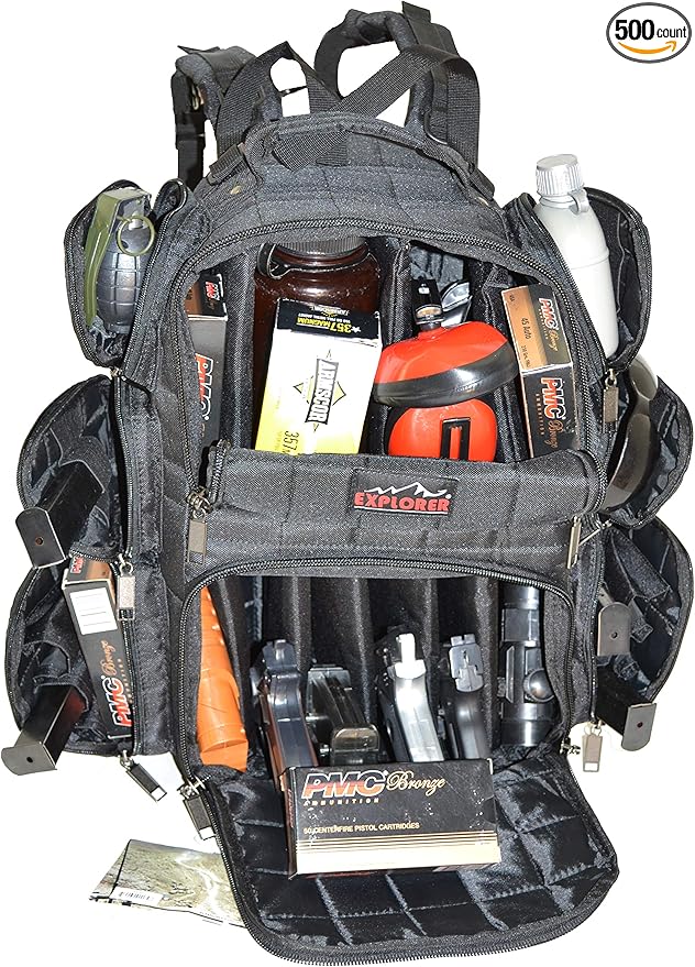 EXPLORER Backpack + Range Bag with Large Padded Deluxe Tactical Divider and 9 Clip Mag Holder - Rangemaster Gear Bag (black)20 x 12.5 x 10