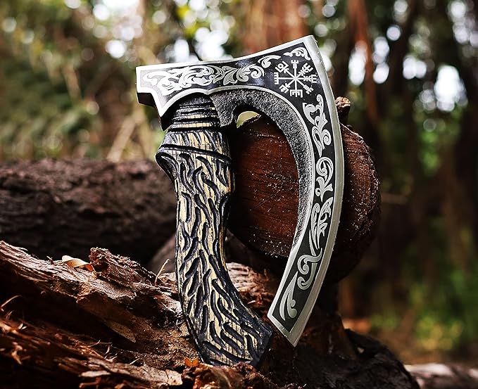 Viking Pizza Axe | Engraved Blade Pizza Cutter with Rosewood Handle &amp Leather Sheath | Norse Style Collectible Kitchen Tool &amp Gift for Pizza Lovers (WCA-027)