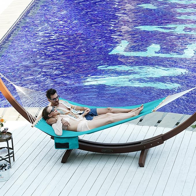 Lazy Daze Hammocks 11 FT Double Outside Hammock Quick Dry Olefin Fabric Hammock with Spreader Bar &amp Side Pocket for Outdoor Poolside Backyard 450 lbs Capacity Turquoise