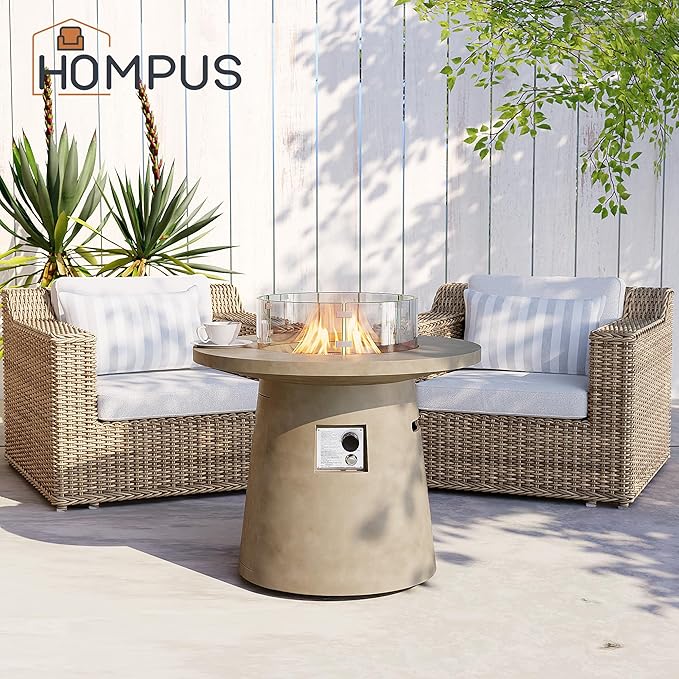 HOMPUS Outdoor Fire Pit Gray Propane Fire Table 31 inch Round Concrete Propane Fire Pit with Rain Cover 40000 BTU Gas Smokeless Firepit for Outside PatioGardenDeckBackyard