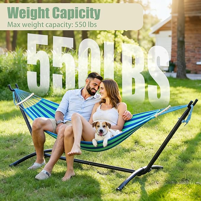 Double Hammock with Freestanding Steel Stand Portable &amp Easy Setup 550lb Capacity Heavy Duty for Patio GardenBackyard Camping Indoor &amp Outdoor - Includes Carry Bag (Blue Stripe)