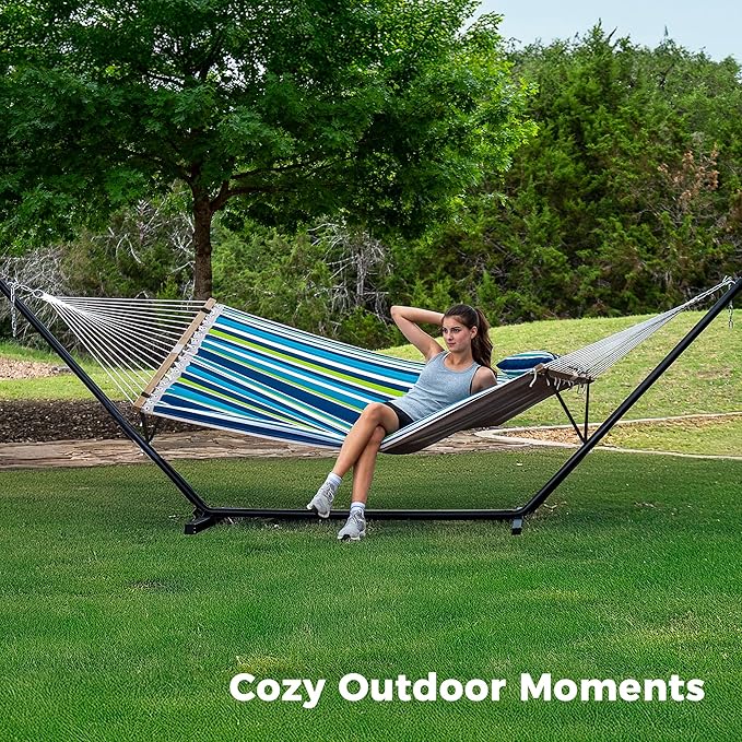 SUPERJARE Hammock with Stand 2 Person Quilted Outdoor Hammock Detachable Pillow &amp Bamboo Spreaders Portable Hammock with Carrying Bag Heavy Duty Stand Perfect for Outside Patio Dark Cyan