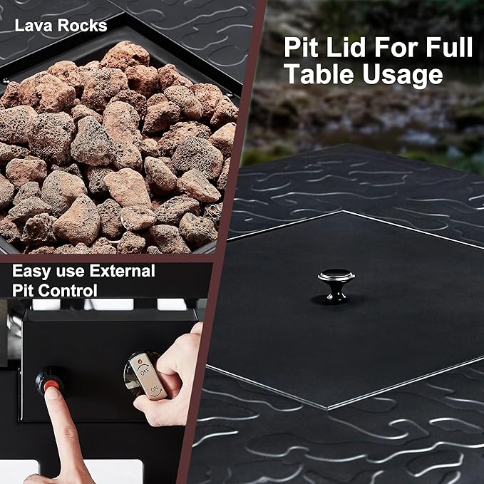 VECELO Propane Fire Pit 30 Inch Outdoor Gas Fire Table 50000 BTU Square Firepit with Lid and Lava Rock Adjustable Flame Steel Fire Table for Outdoor Patio Backyard Party Black