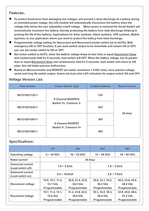 LVD Low Voltage Disconnect Module. (48V / 30Amp Black Rocker Switch Automatic Operation)