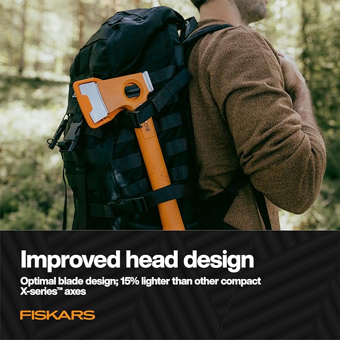 Fiskars X13 Ultralight Hiking Axe 13 Ultra-Sharp Forged Steel Blade for Efficient Chopping &amp Camping 15% Lighter High-Visibility Orange FiberComp Handle Drives Tent Stakes Sheath Included