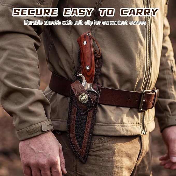 Hunting Knife with 4Cr13MoV Steel Blade &amp Wooden Handle - 10” Full Tang Fixed Blade for Outdoor Survival Camping BushcraftIncludes Leather Sheath