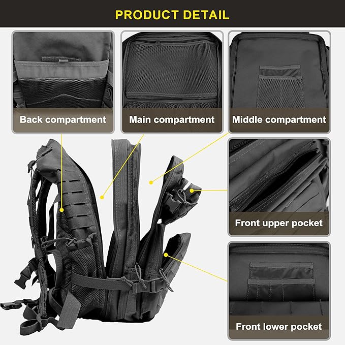 Zavothy 45L Military Tactical Backpack Army 3-Day Assault Pack Bug Out Bag for Hiking Camping | Army Bag Large Rucksack with Molle System