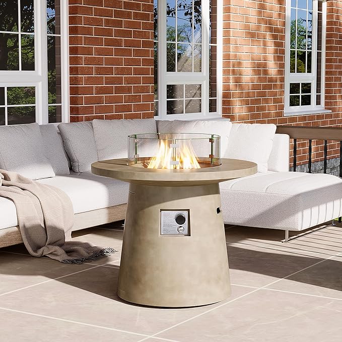 HOMPUS Outdoor Fire Pit Gray Propane Fire Table 31 inch Round Concrete Propane Fire Pit with Rain Cover 40000 BTU Gas Smokeless Firepit for Outside PatioGardenDeckBackyard