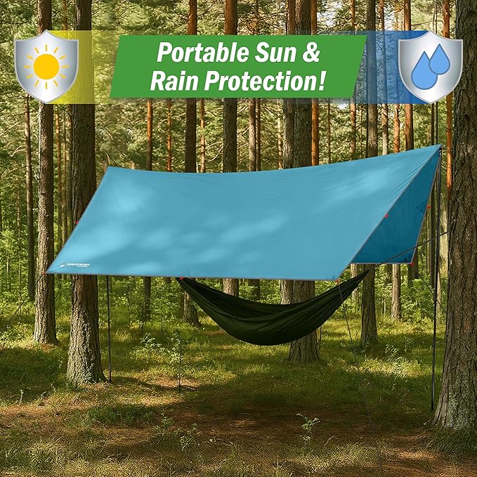 Portable Camping Tarp with Poles - Blue