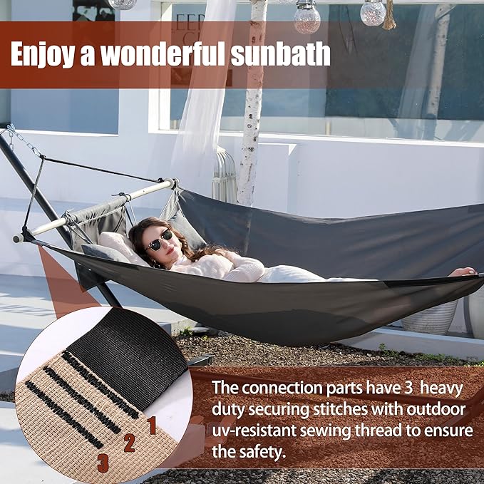 TegerDeger Anti-flip 12FT Hammock Large Hammock 450LB Capacity with Iron Spreader Bar &amp Nylon Rope for Outside Patio Garden Backyard Beach - Gray