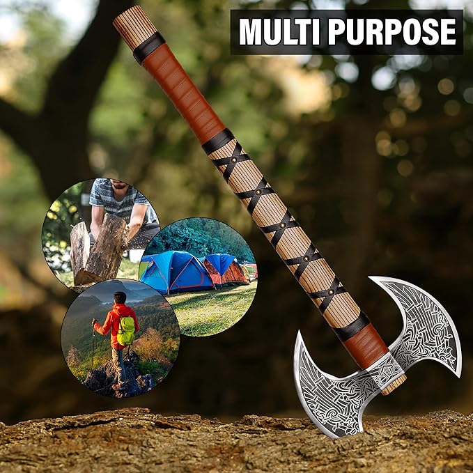 SHINY CRAFTS® Handcrafted Viking Axe – Engraved Nordic Blade with Wooden Handle Unique Gift for Men Collectors Cosplay and Medieval Decor (Brown-SCA-13)