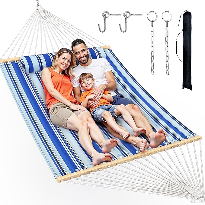 Double Hammock with Spreader BarSoft PillowMax Load 500lbsPortable Hammock for OutdoorCampingand BackyardAqua Blue