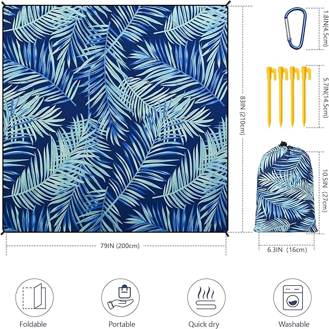 Beach Blanket Waterproof Sandproof Beach Mat 79 X 83/10'x9'for 2-8 Adults Quick Drying Outdoor Picnic Mat Beach Accessories for Travel Camping Hiking