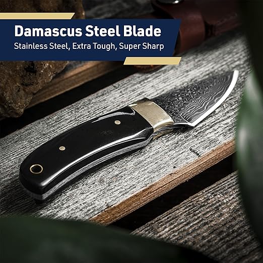 Kings County Tools Damascus Knife 5.5” Small Full Tang Fixed Blade Knife with Sheath - 2.25” Damascus Steel Blade Leather Sheath with Belt Loop - Skinning Bushcraft Camping or EDC Gifts for Men