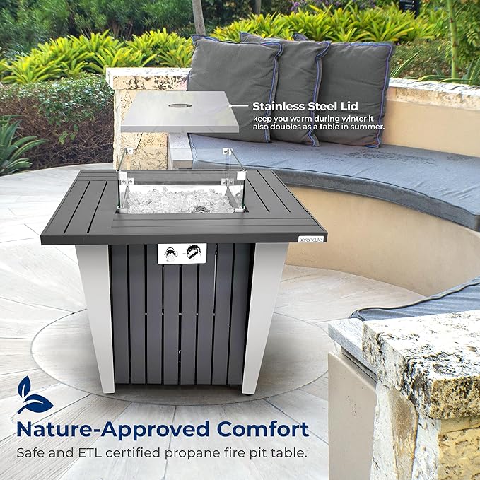 SereneLife Propane Fire Pit Table with Sturdy Metal Gas Pits with 50000 BTU and Stainless Steel Fire Pan Includes Decorative Glass Rocks Weather Cover CSA Certified for Outdoor Fireplaces
