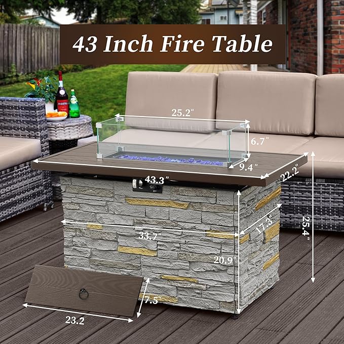 PIZZELLO 43 Inch Propane Fire Pit Table Outdoor Stone Firepit Table Rectangular 50000 BTU Propane Fire Tables for Outside Patio with Wind Guard Table Lid Fire Beads CoverPizzello Caldo (Gray)