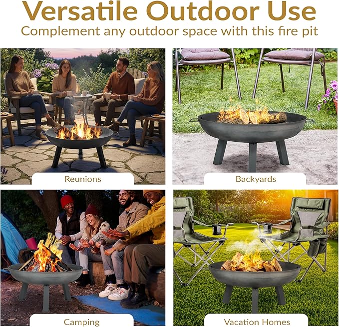 Sunnydaze 30-Inch Cast Iron Heavy Duty Fire Pit for Outside - Wood Burning Outdoor Fire Pit Bowl with Handles - Gray