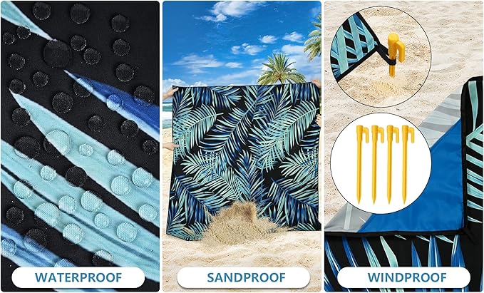 Beach Blanket Waterproof Sandproof Beach Mat 79 X 83/10'x9'for 2-8 Adults Quick Drying Outdoor Picnic Mat Beach Accessories for Travel Camping Hiking