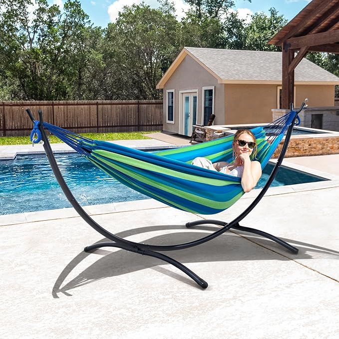 SUNCREAT Portable Outdoor Hammock with Stand Included Double Hammock with Stand for Outside Blue &amp Green Stripes