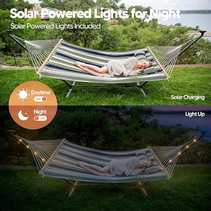 SUNCREAT Double Hammock with 12 ft Stand Solar Powered Lights Outdoor Standing 2 Person Hammock Dark Green