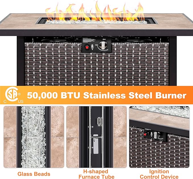 Nuu Garden Propane Fire Pit Table CSA Certified 43 Inch 50000 BTU Outdoor Gas Fire Pit Table with Ceramic Tabletop 7 lbs Glass Stone and Oxford Cover Dark Brown and Coffee