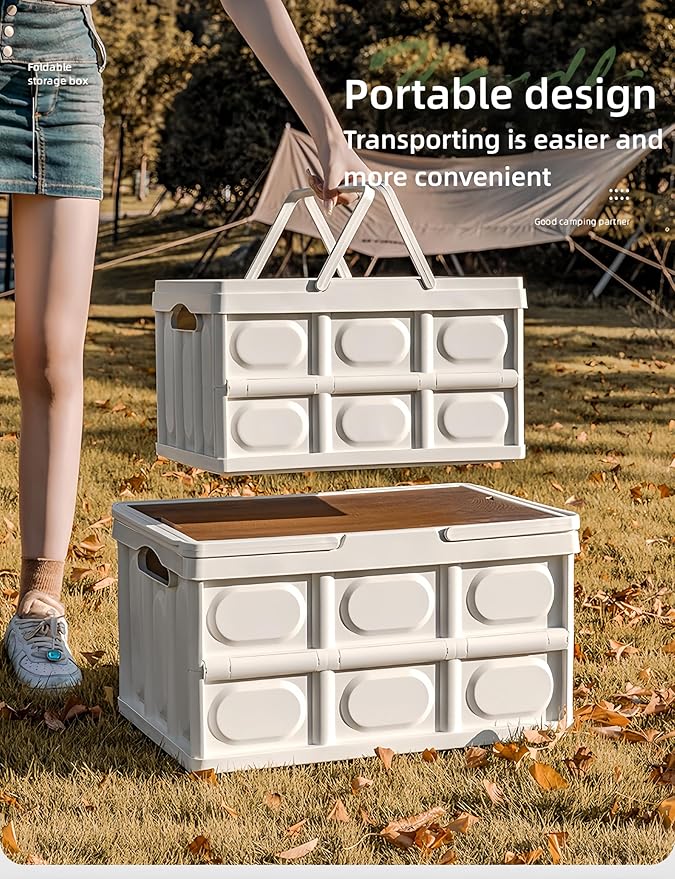 Outdoor Collapsible Storage Box with Handles and Wooden Lid Portable Large Capacity Stackable Crates Outdoor Storage Bin with Table Function Ideal for Car Trunk RV Trip Picnic (Black Small)