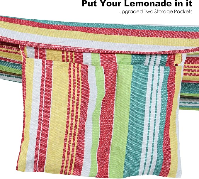 Gafete Double Hammock with Stand for Outside Upgraded Spreader Bar Heavy Duty Space Saving Steel Stand 2 Person Side Pockets Easy Assembly 600lbs Weight Capacity Indoor &amp Outdoor (Salsa Oran