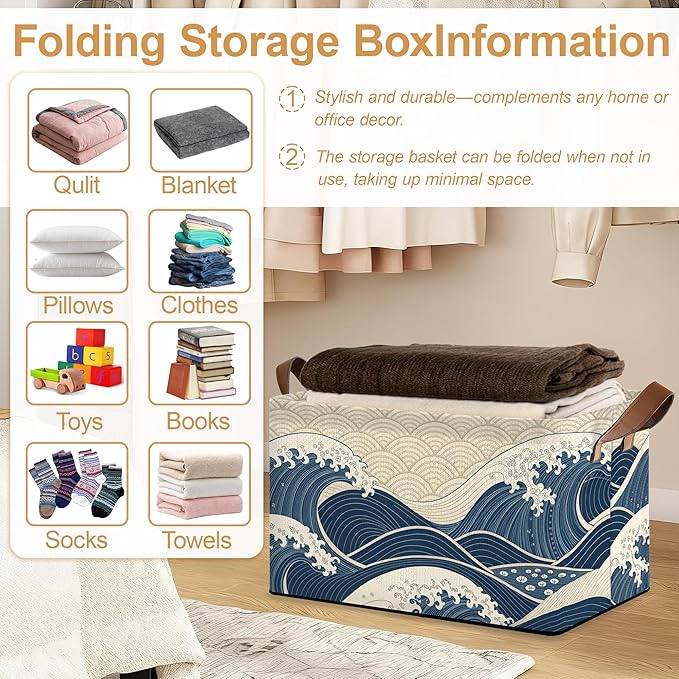 Ocean Waves Storage Bin with Handles Basket Storage Organizer for Shelves Closet Nursery Book Laundry Hamper &amp Home Decor
