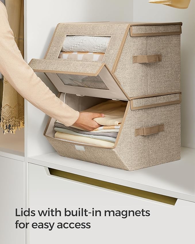 SONGMICS Stackable Storage Bins Set of 2 Storage Boxes with Lids and Front Windows Non-Woven Fabric Closet Organizers with Magnetic Closures Side Handles Sand Beige URLB002Y01