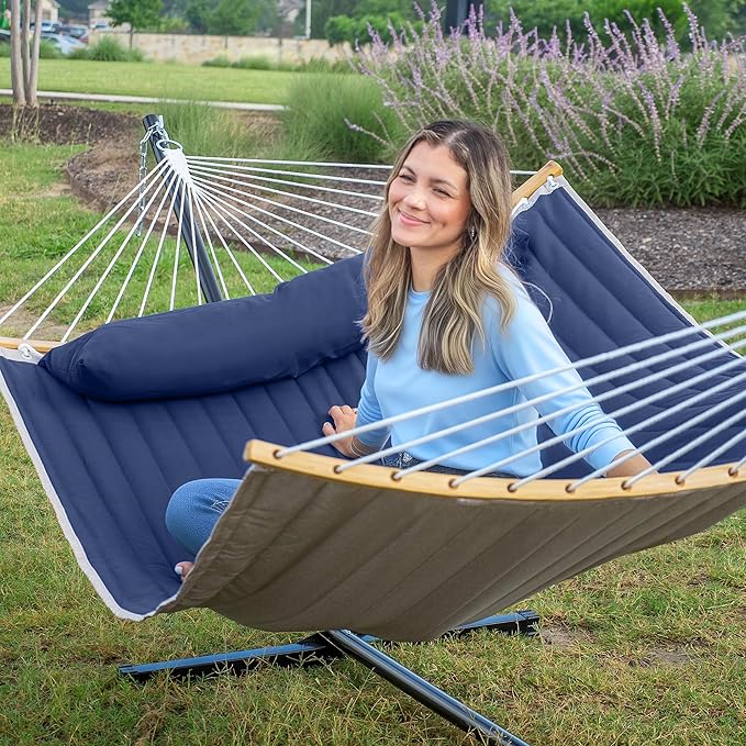 2 Person Hammock with Stand Included Outdoor Hammock with Curved Spreader Bar Pillow and Carrying Bag 450 Lbs Capacity Navy Blue