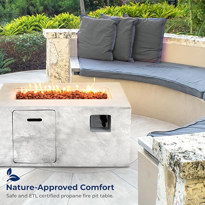 SereneLife Fire Pit Table – 50000 BTU Propane Gas Fire Pit with Adjustable Flame Stainless Steel Burner &amp Lava Rock – Weather-Resistant Easy Propane Access Perfect for Outdoor Parties &amp BB