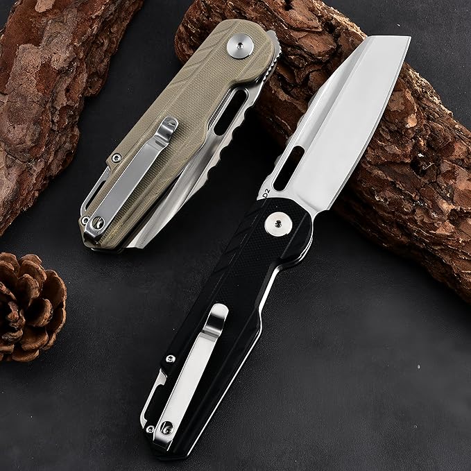 D2 Steel Folding Pocket Knife - EDC Utility Knife with G10 Handle for Camping Hiking(Black)